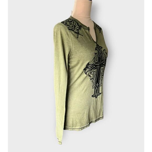 Affliction Women's M Long Sleeve Lace Cross Embellished Tee Acid Wash Green Goth - Picture 2 of 5